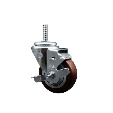 Service Caster 35 Inch Maroon Polyurethane Wheel Swivel 58 Inch Threaded Stem Caster with Brake SCC SCC-TS20S3514-PPUB-MRN-TLB-58212